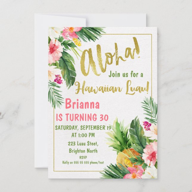 Floral Gold Calligraphy Luau Invitation d'annivers (Devant)