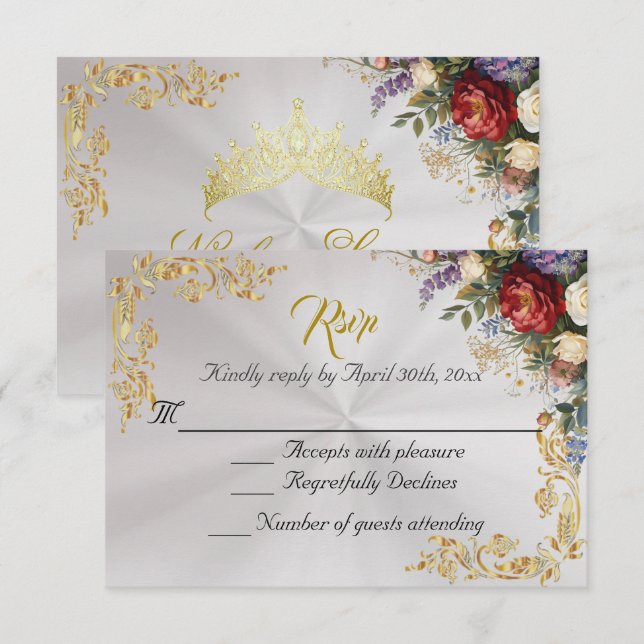 Floral & Gold Leaves - Pearl White RSVP (Devant / Derrière)