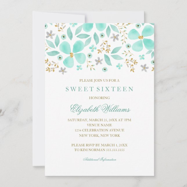 Floral Gold Mint Leaf Sweet 16 Invitation (Devant)