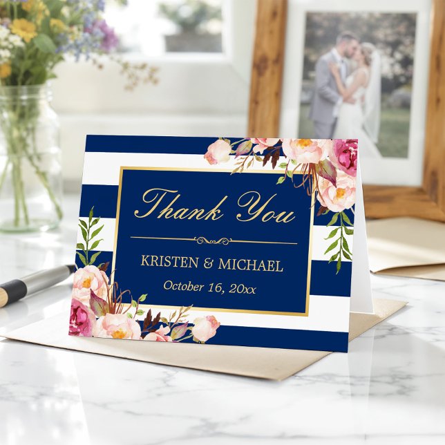 Floral Gold Navy Blue Stripes Mariage Merci (Créateur téléchargé)