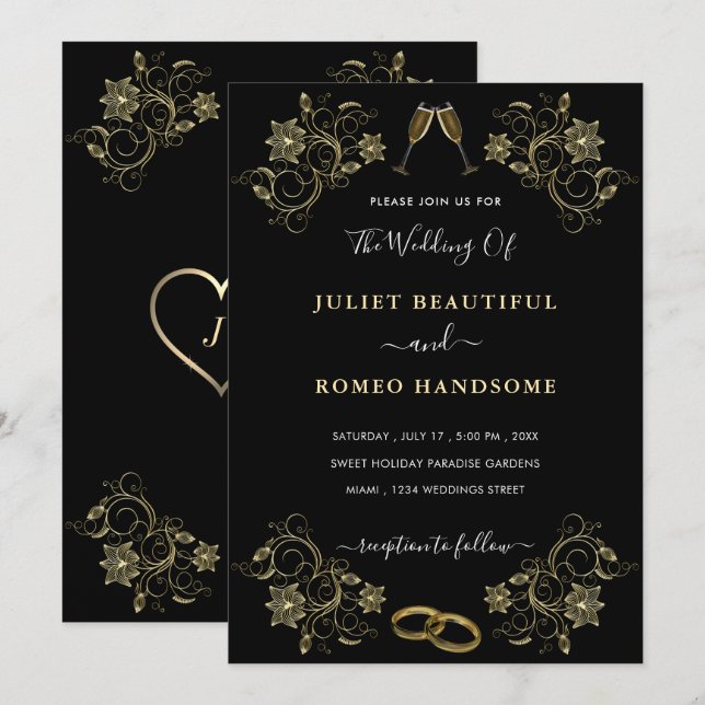 Floral Gold on Black Wedding Invitations Example (Devant / Derrière)