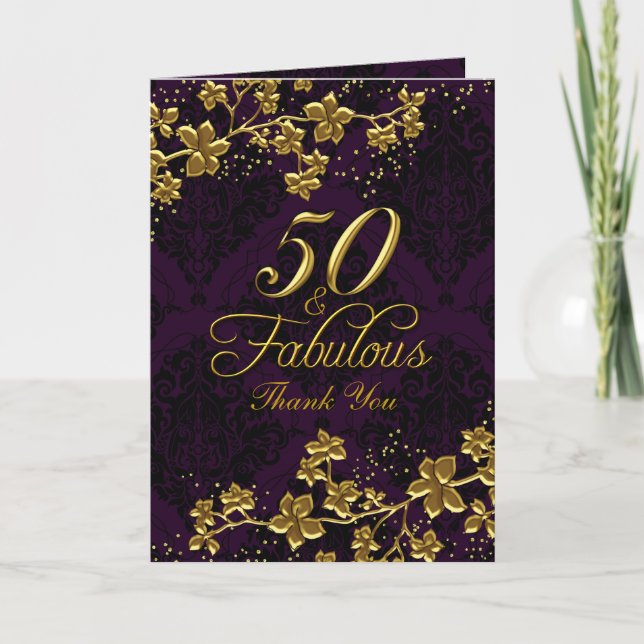 Floral Gold Purple 50 & Fabuleux Carte de remercie (Devant)