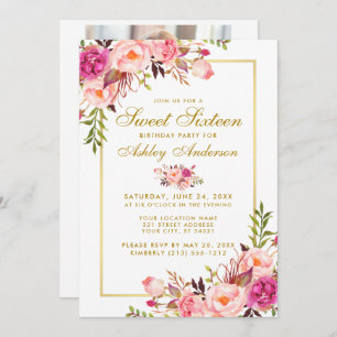 Floral Gold Rose Sweet 16 Invitation d'anniversair