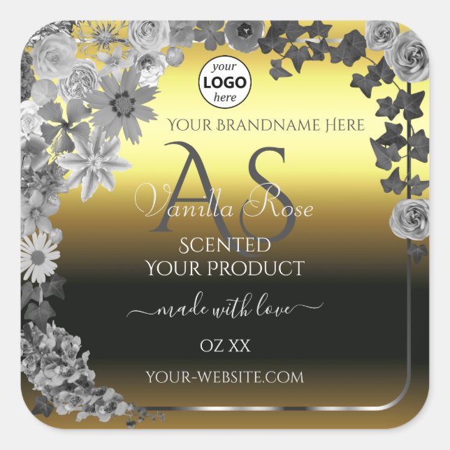 Floral Gold Silver Étiquettes Monogramme Logo (Devant)