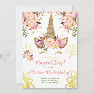 Floral Gold Unicorn face Anniversaire Invitation