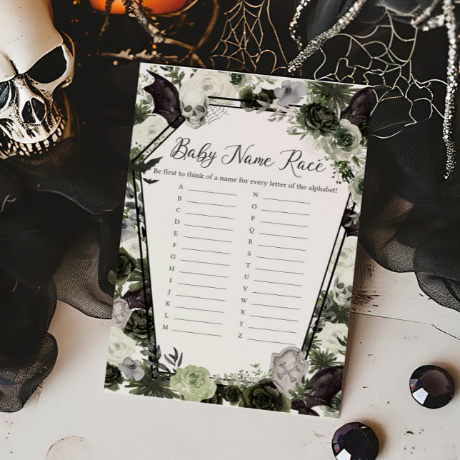 Floral gothique Baby shower Baby Name Race Jeu (Floral Gothic Coffin Baby Shower Baby Name Race Game)