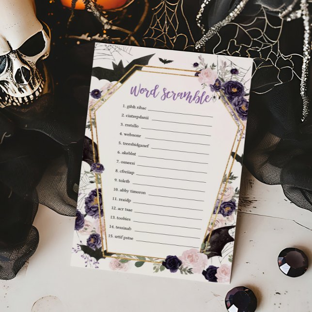 Floral Gothique Coffin Word Jeu de course (Floral Gothic Coffin Baby Shower Word Scramble Game)