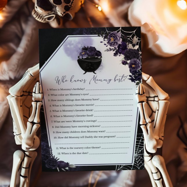 Floral gothique violet Qui connaît maman meilleur  (Floral Gothic Baby Shower Invitation Who knows Mommy Best Game)