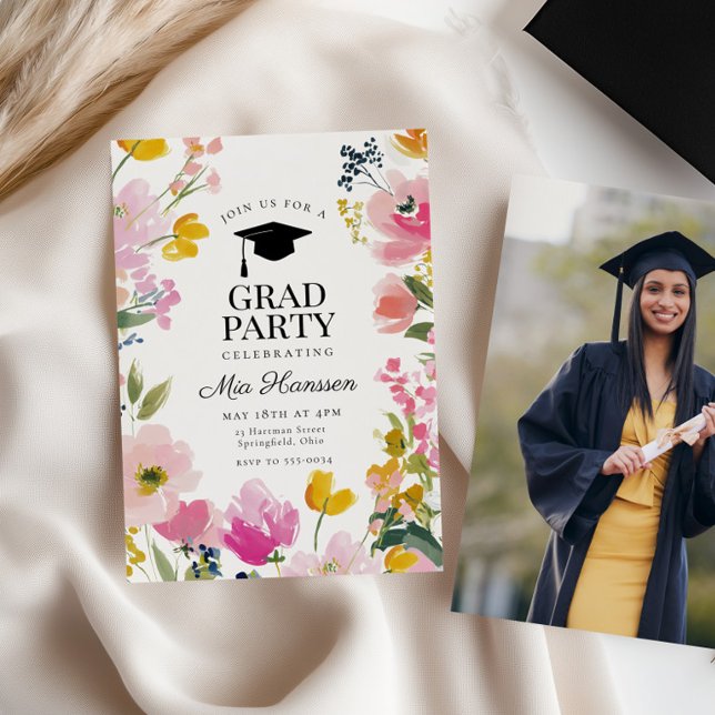 Floral Graduation Party Invitation Photo Back (Créateur téléchargé)