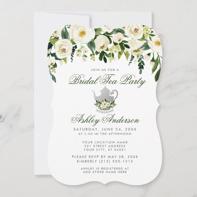 Floral Green Bridal Tea Party Argent Invitation (Devant)