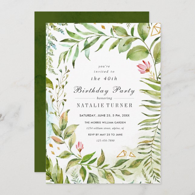 Floral Green Foliage Anniversaire Fête Invitation (Devant / Derrière)