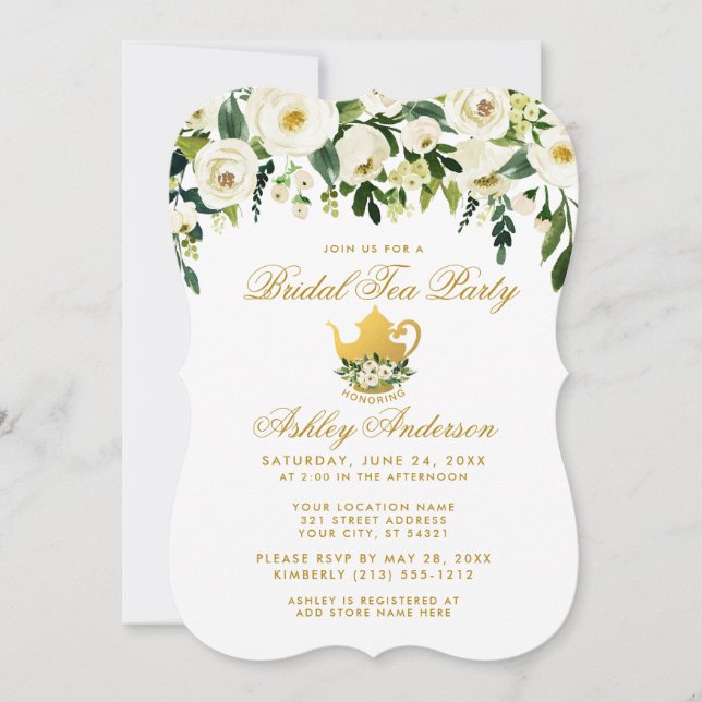 Floral Green Gold Bridal Tea Party Invitation (Devant)
