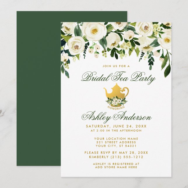 Floral Green Gold Bridal Tea Party Invitation GS (Devant / Derrière)