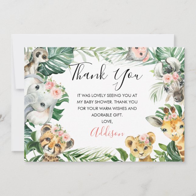 Floral Green Safari Baby shower Carte de remerciem (Devant)