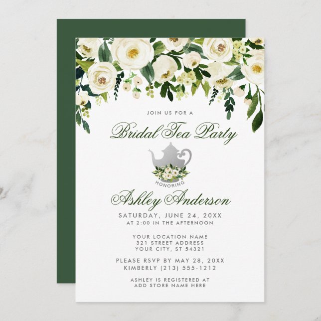 Floral Green Silver Bridal Tea Party Invitation GS (Devant / Derrière)