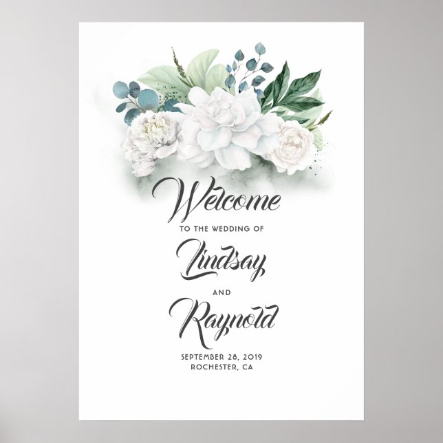 Floral Greenery Affiche de bienvenue Mariage blanc (Devant)