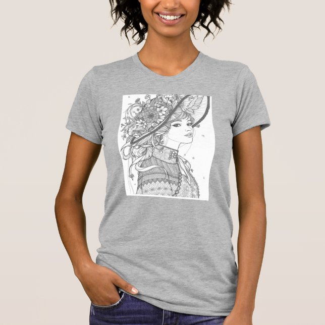 Floral Hat Lady Ink Art T-Shirt (Devant)