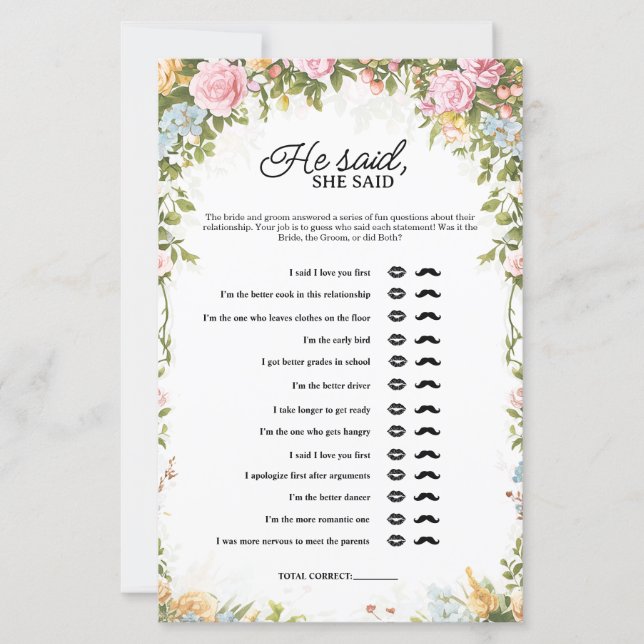 Floral He Said She Said Bridal Shower Game (Devant)