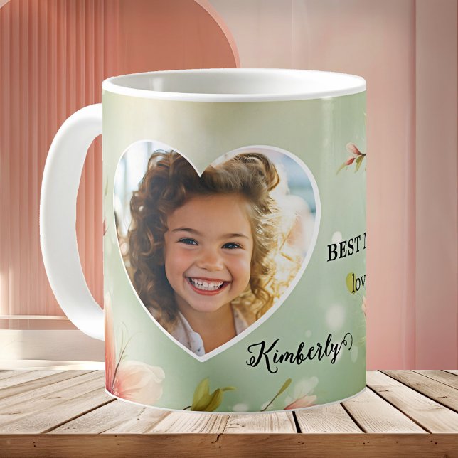 Floral Heart Best Mom Ever Photo Mug (Best Mom ever mug featuring your custom photo in a heart shaped frame on an elegant floral design)