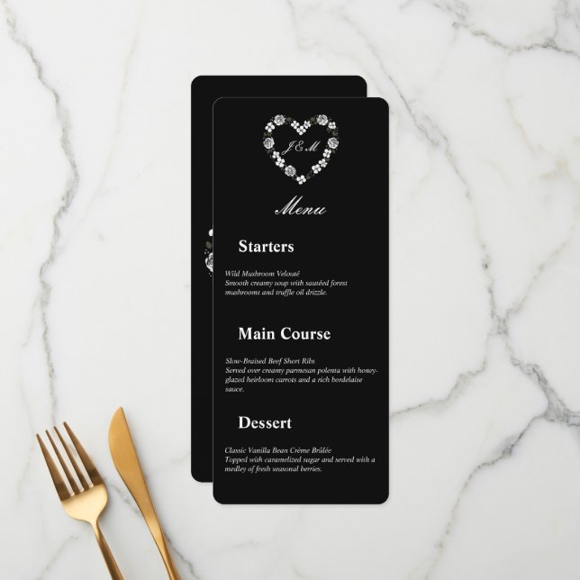 Floral Heart Black And White Wedding Menu (Devant/Arrière en situation)