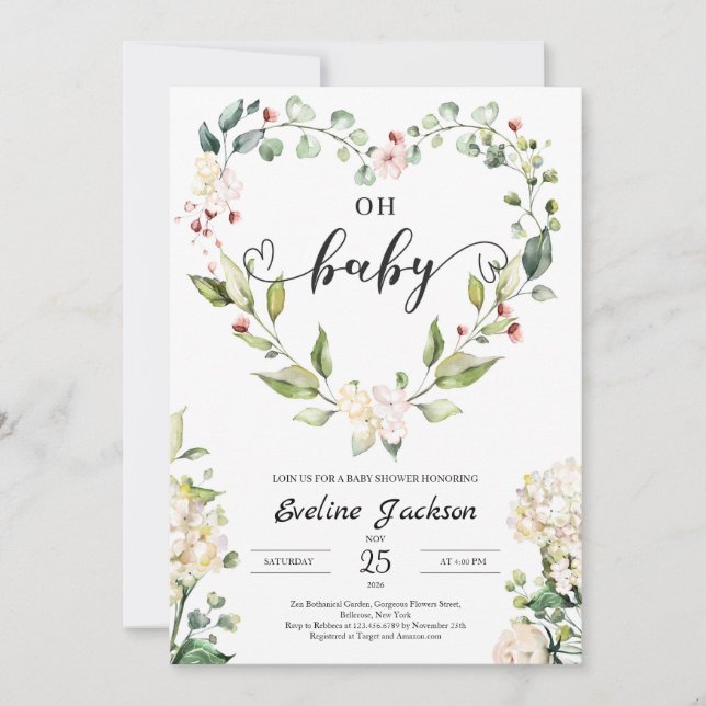 Floral Heart Oh Baby shower Invitation Girl Boho (Devant)