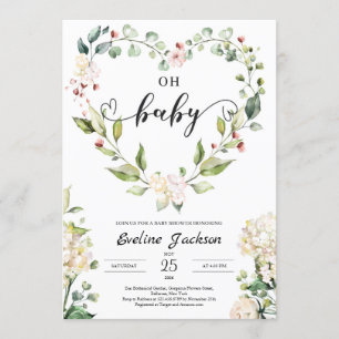 Floral Heart Oh Baby shower Invitation Girl Boho