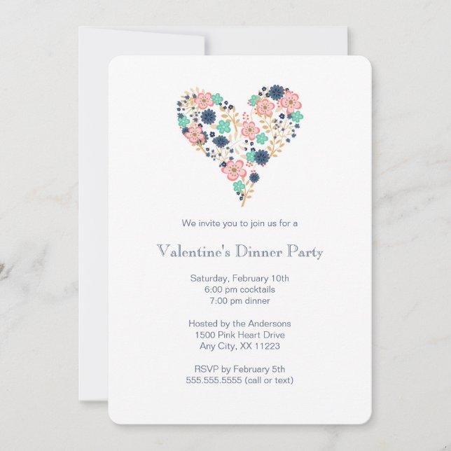 Floral Heart Valentine's Dinner Party invitation (Devant)
