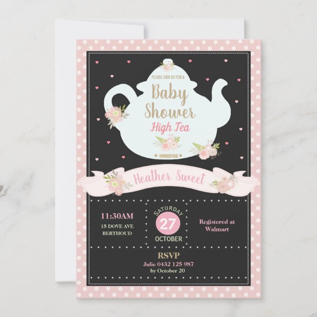 Floral High Tea Party Baby shower Invitation Girl (Devant)
