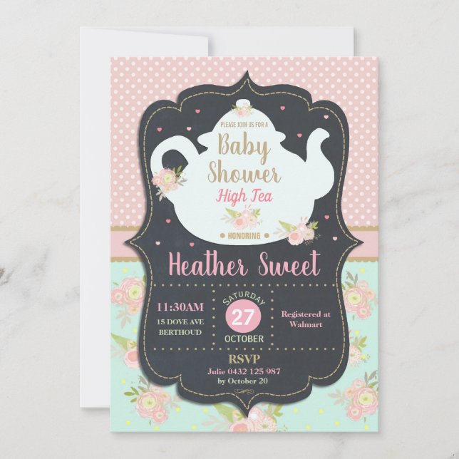 Floral High Tea Party Baby shower Invitation Girl (Devant)
