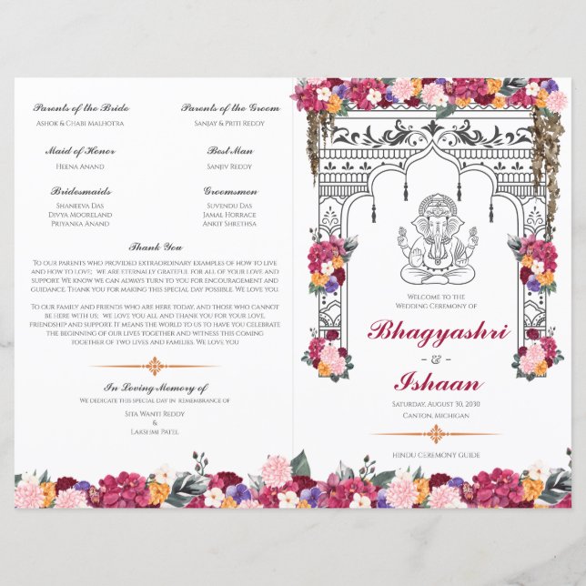 Floral Hindu Mariage Ceremony Programme plié (Devant)