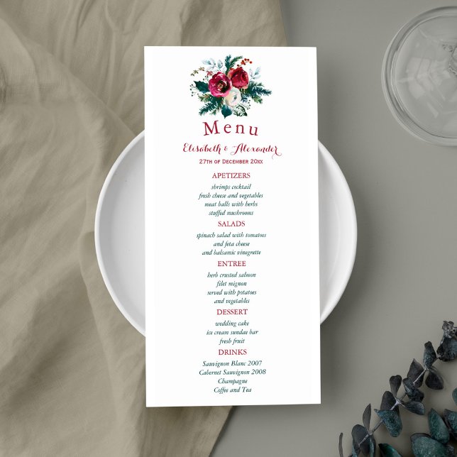 Floral hiver aquarelle pivoines menu mariage (Créateur téléchargé)