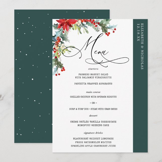 Floral hivernal rustique | Menu Mariage moderne (Devant / Derrière)