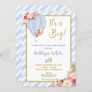 Floral Hot Air Balloon Baby shower Invitation Garç