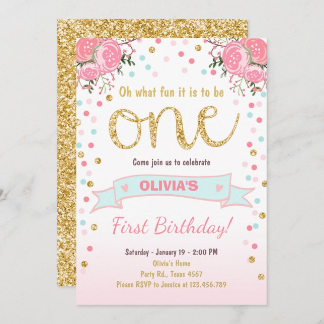 Floral invitation de premier anniversaire fille ro (Devant / Derrière)
