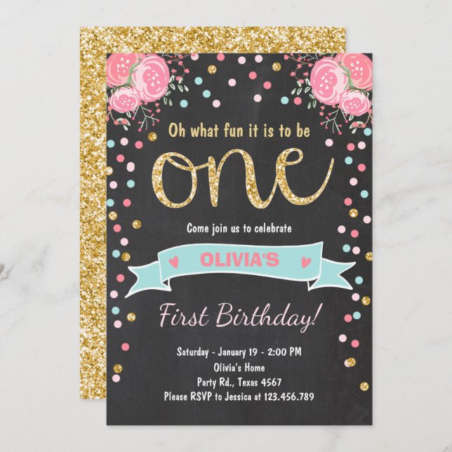 Floral invitation de premier anniversaire fille ro (Devant / Derrière)