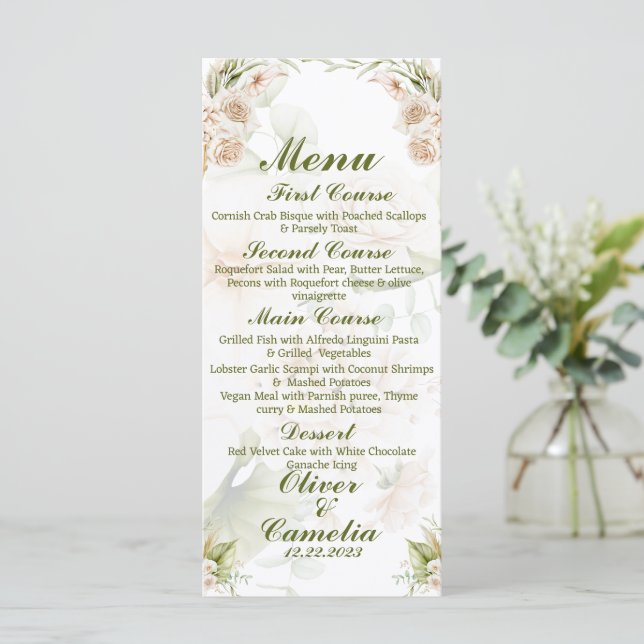 Floral Islamique Vert & Mariage Beige Menu (Debout devant)