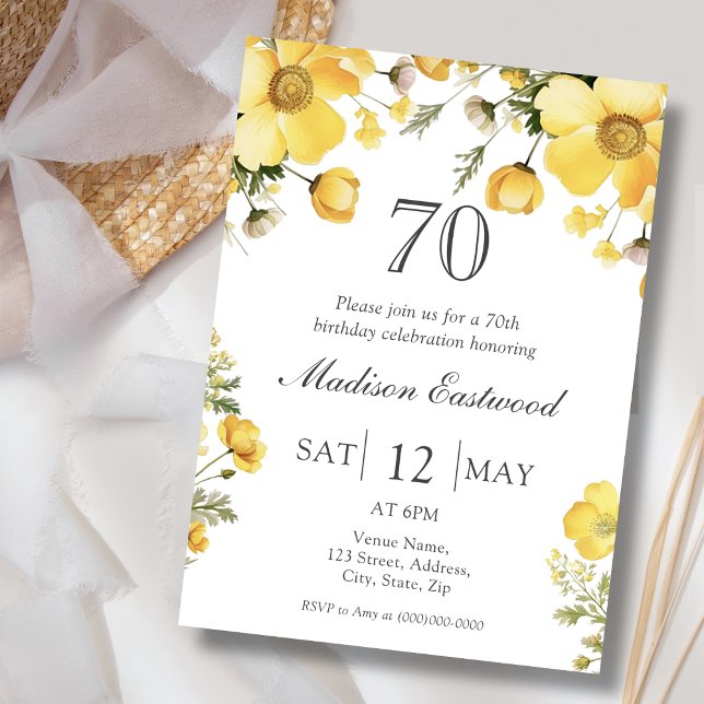 Floral jaune 70e anniversaire Invitation (Créateur téléchargé)