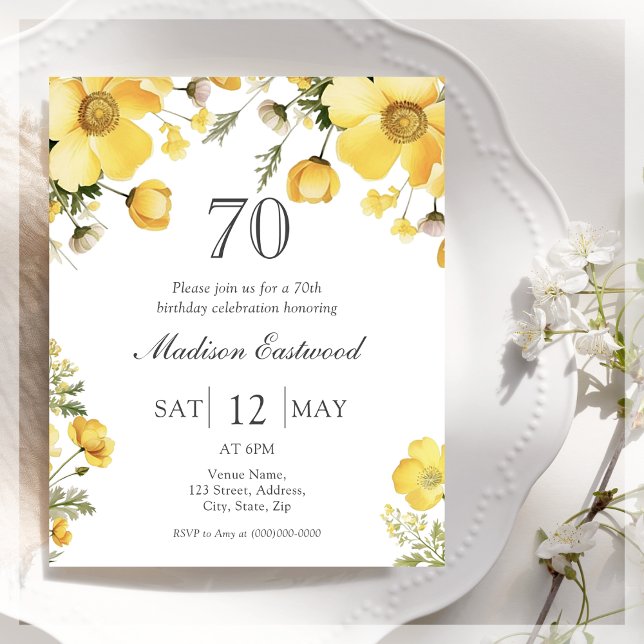 Floral Jaune 70e anniversaire Invitation budgétair (Créateur téléchargé)