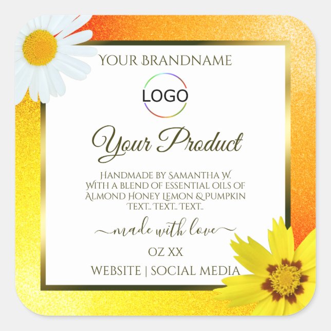 Floral Jaune Orange Blanc Étiquette de produit ave (Devant)