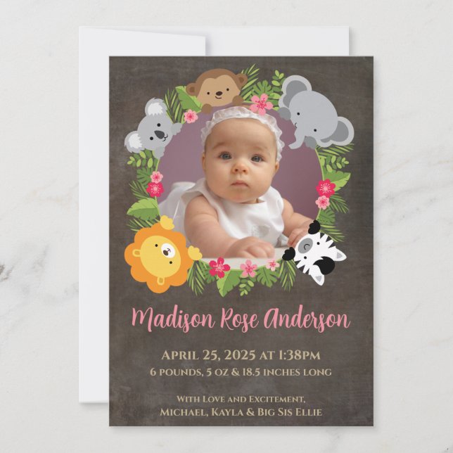 Floral Jungle Safari Wreath Baby Girl Faire-part (Devant)