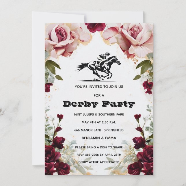 Floral Kentucky Derby Party Invitation Horse Racin (Devant)