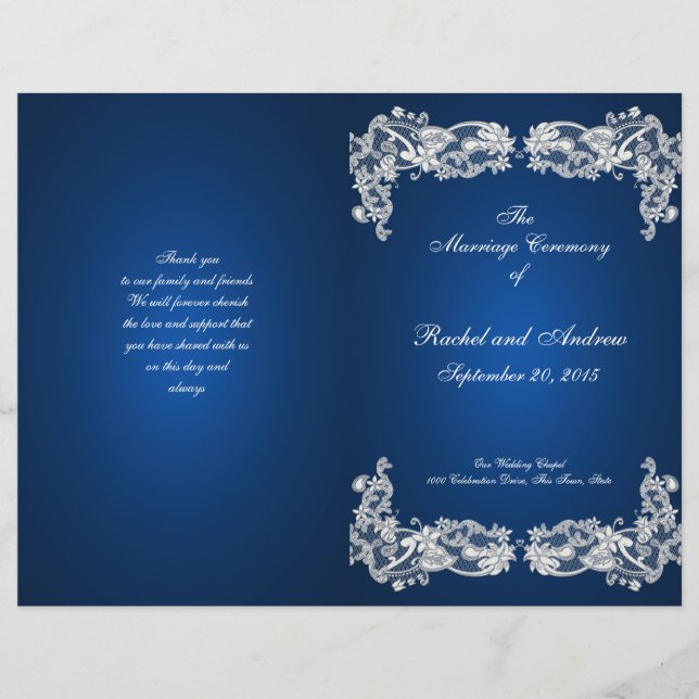 Floral Lace Sapphire Blue Wedding Programme (Devant)