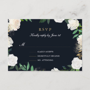 Floral Leaf Blush Marine Gold Wedding RSVP
