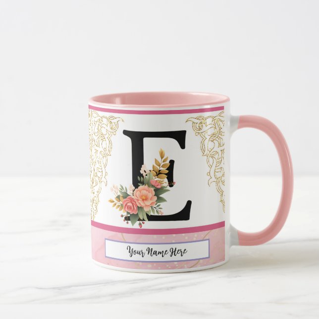 Floral Letter E Mug – Personalized Initial Cup wit (Droite)