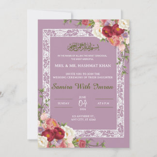 Floral Lilac Faire-part de mariage musulmane rose