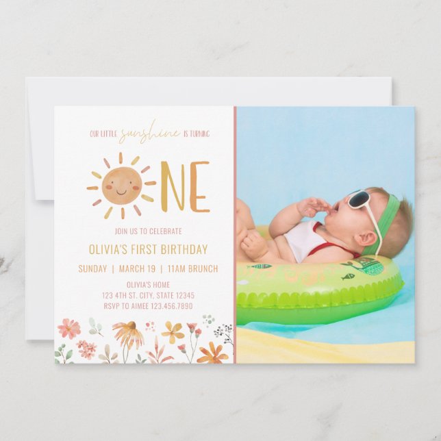 Floral Little Sunshine 1er anniversaire Invitation (Devant)