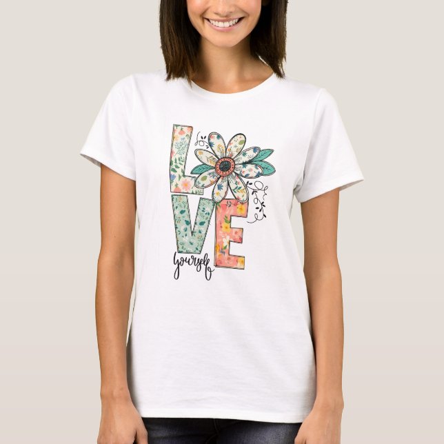 Floral LOVE Retro Daisy Illustration T-Shirt (Devant)