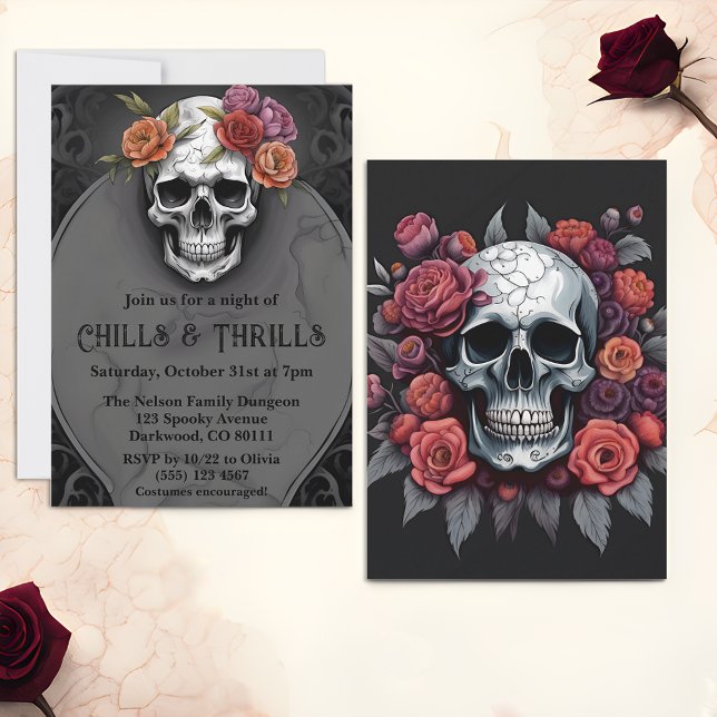 Floral Macabre Crâne Halloween Invitations de fête (🌹 Macabre Elegance: Floral Skull Halloween Invitations! 🦇)