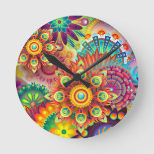Floral Mandala Collage Psychédélique Horloge Mur
