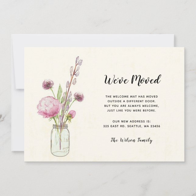 Floral Mason Jar Nous Avons Déménagé Nouvelle Adre (Devant)